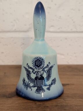 Vintage Blue Gradient Ceramic Hand Bell with Eagle Motif - E Pluribus Unum